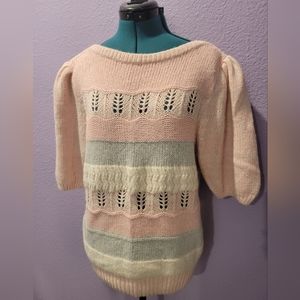 Vtg 1980s Pink knit Oversized Sweater With Stripes And Puff sleeves Size L